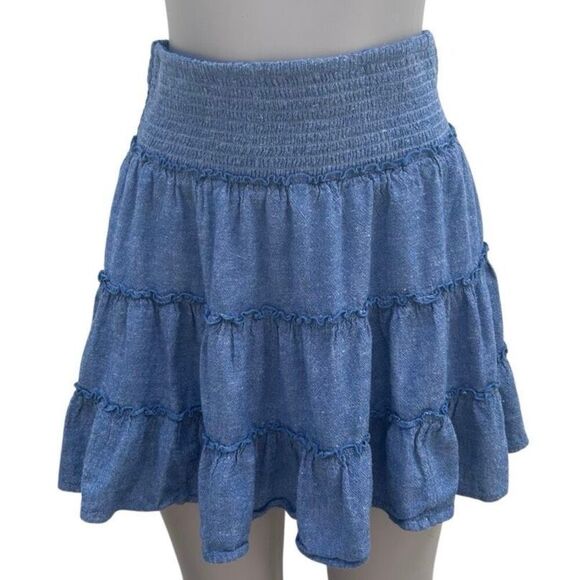 American Eagle Mini Skirt Women's Medium Blue Chambray Linen Blend Ruffle Tiered - Picture 1 of 10